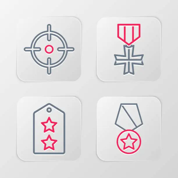 Vector illustration of Set line Military reward medal, rank, and Target sport icon. Vector