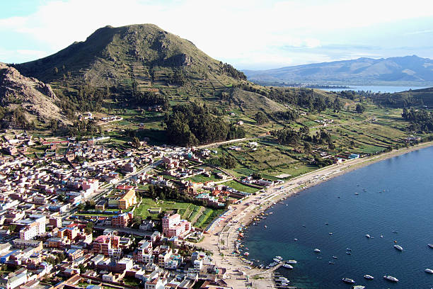 View over Copacabana (Bolivia) showing the Titicaca Lake stock photo