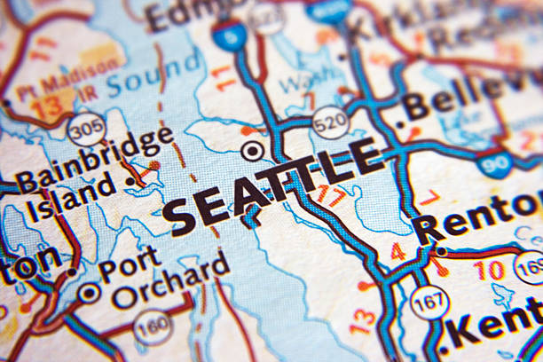 Seattle map closeup "A macro shot of the city of Seattle, Washington on a map." bainbridge island photos stock pictures, royalty-free photos & images