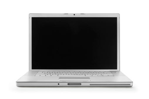 A modern frameless laptop on a table with grass flowers and a mouse - blank screen and soft background