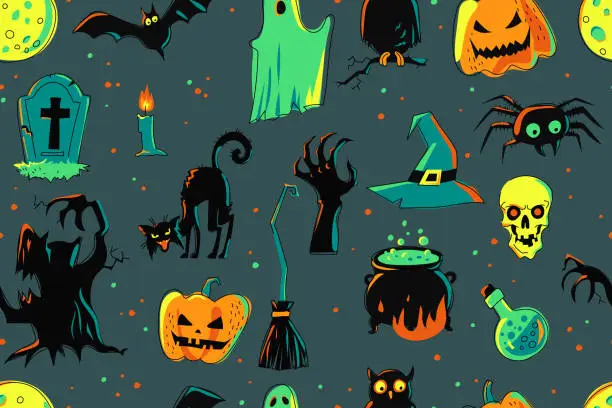 Vector illustration of Halloween seamless pattern on dark background. Spider, bat, ghost, owl, pumpkin, grave, cat, dead man's hand, hat, skull, witch's cauldron, and others. Spooky and colorful. Hand drawn. Vector.