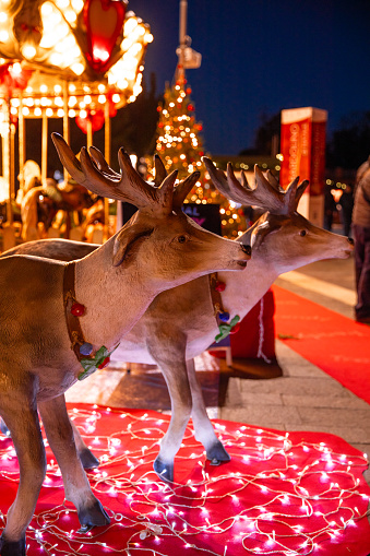 Christmas market reindeer with Christmas tree and carousel at Italian advent market at night