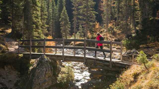 Woman crossing a wooden bridge over mountain stream