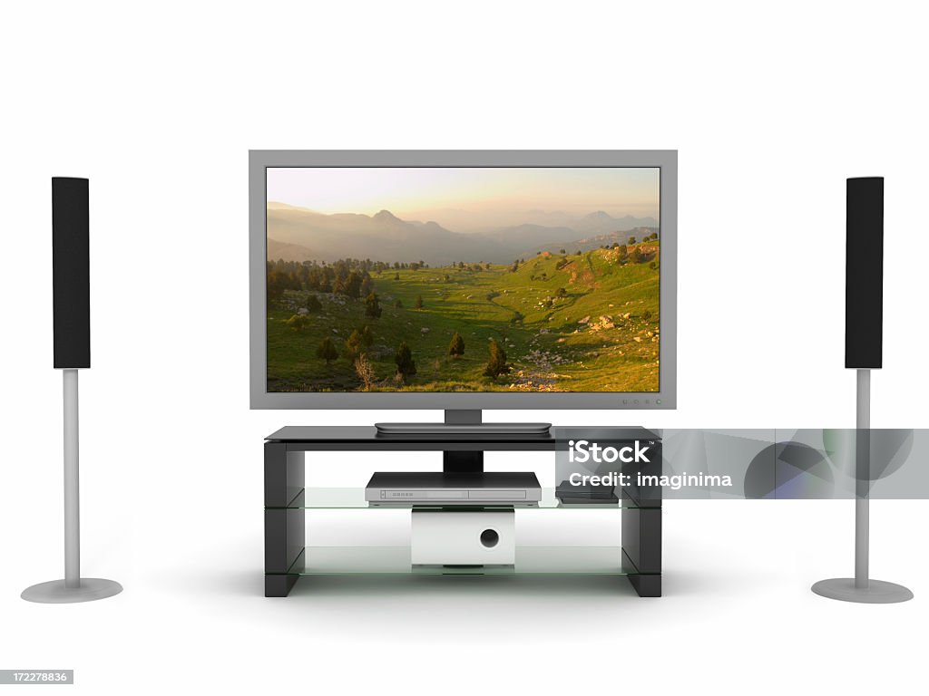 Home Theater System with Widescreen LCD/Plasma TV Home theater system with widescreen LCD / Plasma TV & HD / DVD Player. Nature picture on the screen.Isolated on white.View more: Entertainment Center Stock Photo