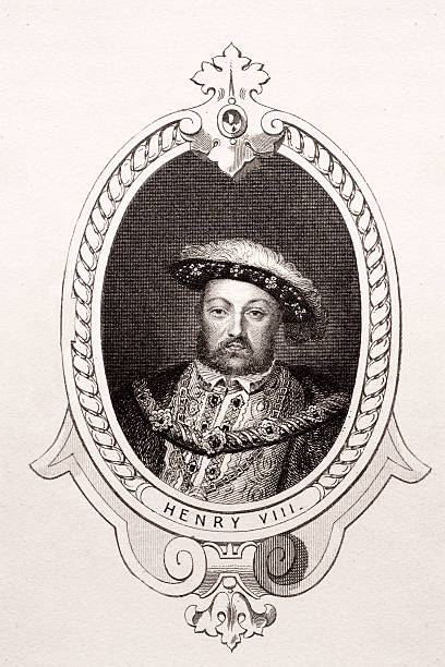 킹사이드 henry viii - tudor style king engraved image portrait stock illustrations