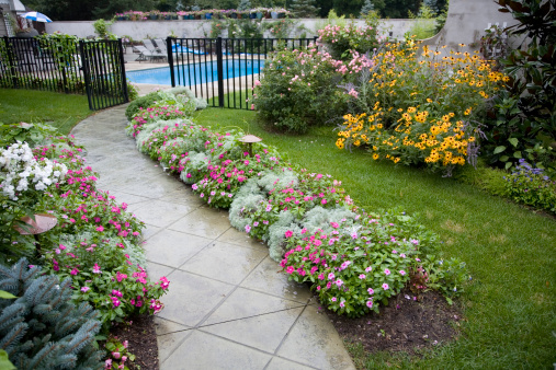 Garden walk leading to pool area. Wet with rain.