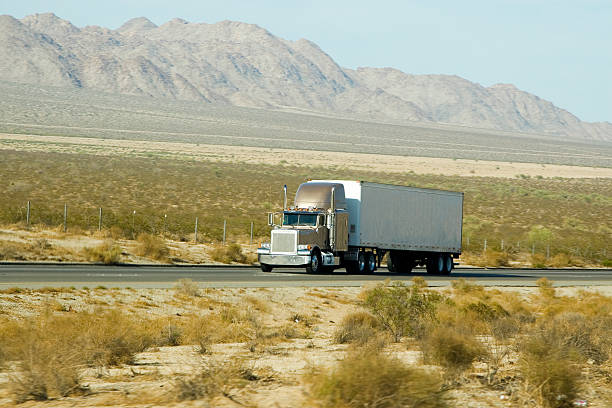 A semi truck heads down a desert road.