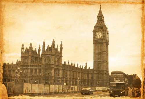 Big Ben and Houses of Parliament; Westminster; London in Black and White Sepia Tone