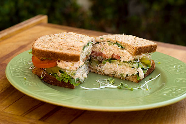 albacore-thunfisch-salat-sandwich & alfalfasprosse sprouts & gemüse gesund picknick-mittagessen - tuna raw portion prepared fish stock-fotos und bilder