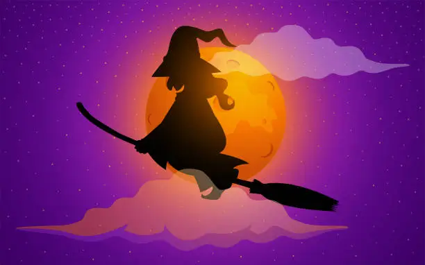Vector illustration of Cartoon illustration of an ugly and scary witch soaring through the night sky on her broom