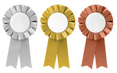 istock Three ribbon awards in silver, gold, and bronze 172281019