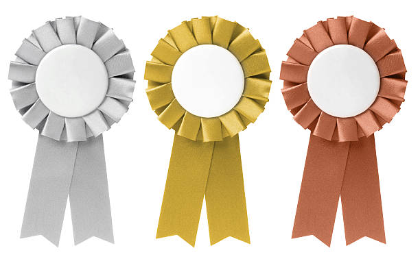 Three ribbon awards in silver, gold, and bronze Set of ribbons / awards in Gold, Silver & Bronze. award ribbon photos stock pictures, royalty-free photos & images