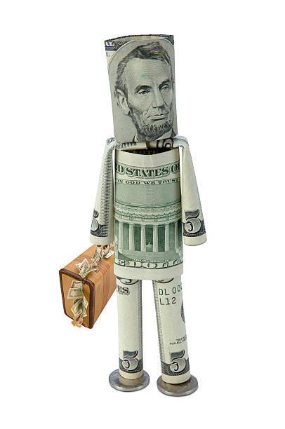 Money Man with Cash Suitecase Clipping Path is included for the Money Man doll, not the suitcase. five dollar bill stock pictures, royalty-free photos & images