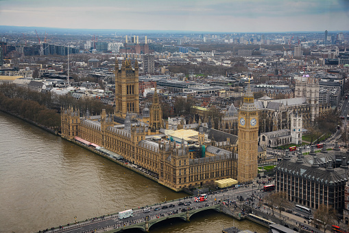 View of the Houses of Parliament and Big Ben from the top of the London Eye.