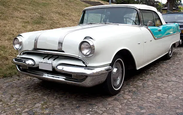 "1950s classic american car, lots of chrome. Photographed in Kalmar, Sweden."