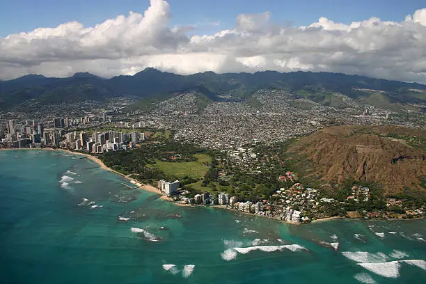 Aerial view of Diamond Head crater and Waikiki