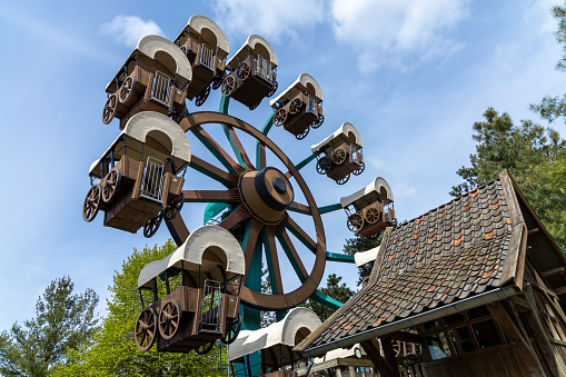 Slagharen, the Netherlands, 27 April 2023. Chuckwagon ferris wheel in Slagharen amusement park.