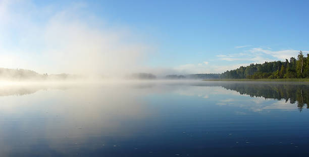 istock Landscape of a river with reflection and fog on the left 172282389