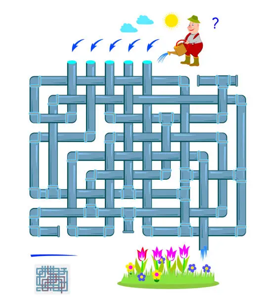 Vector illustration of Logic puzzle game with labyrinth for children and adults. Help the gardener water a flower bed. Maze with tubes. Worksheet for kids brain teaser book. Play online. Flat vector illustration.
