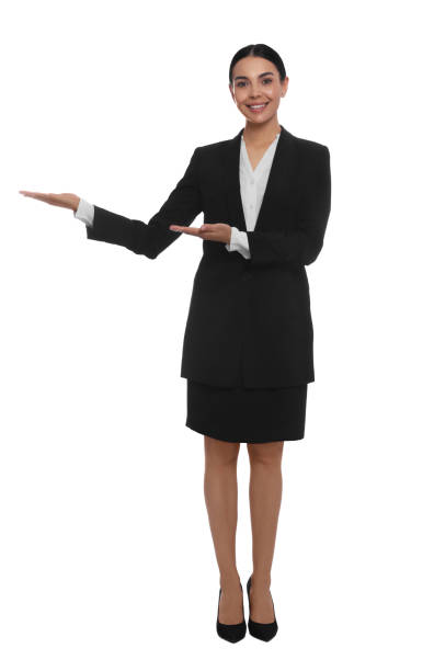 istock Full length portrait of hostess in uniform on white background 1722828532