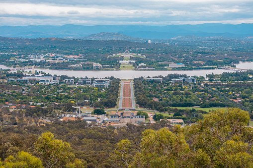 Photograph looking over Anzac Parade towards Lake Burley Griffin in Canberra in the Australian Capital Territory