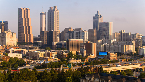 Sunny Downtown Connector leading to Business District of Atlanta in Georgia. Aerial view