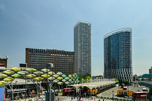 London, UK, 15 May 2023:  Shoppers head towards the Stratford Centre near Stratford Station in Stratford, London