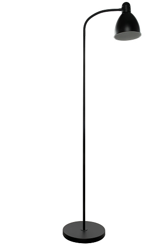 Free-standing tall black floor lamp, isolated on white background.