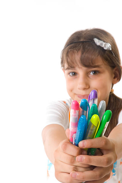 little girl e colorfull matite - child portrait fine art portrait multi colored foto e immagini stock