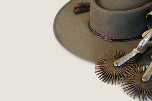 old crumpled leather cowboy hat isolated on white background