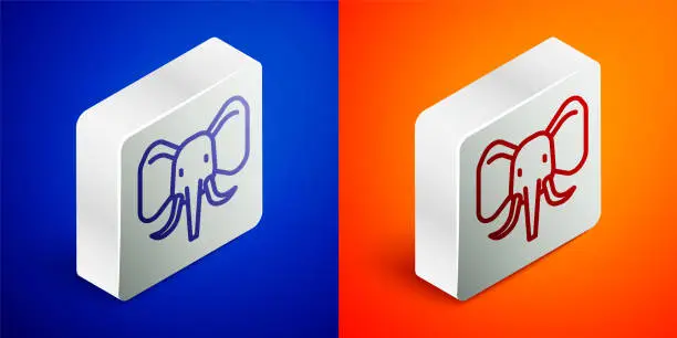 Vector illustration of Isometric line Elephant icon isolated on blue and orange background. Silver square button. Vector