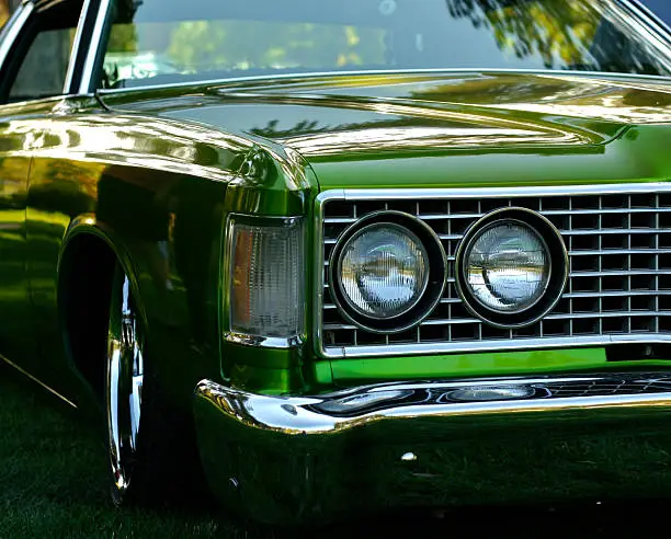 "Green car with custom paint job, very vibrant.  Granny smith apple color."