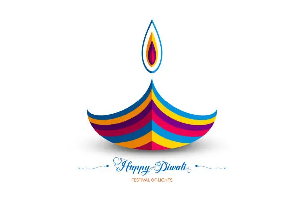 Vector illustration of Happy Diwali Festival of Lights India Celebration colorful logo template. Graphic banner design of Indian Diya Oil Lamp, paper cut Design in vibrant colors. Vector isolated on white  background