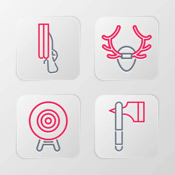 Vector illustration of Set line Wooden axe, Target sport, Deer antlers on shield and Shotgun icon. Vector