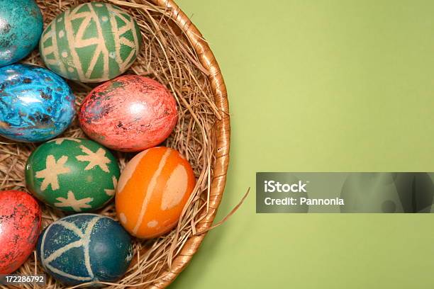 Easter Eggs In Nest On Green Stock Photo - Download Image Now - Easter Basket, Green Background, Art And Craft