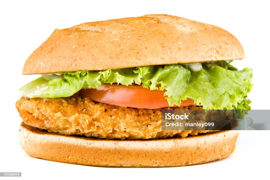 Burger z kurczakiem na biały (z przodu - Zbiór zdjęć royalty-free (Kanapka)