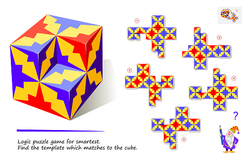 Logic puzzle game for smartest. Find the template which matches to the cube. 3D maze. Printable page for brain teaser book. Developing spatial thinking. IQ test. Memory training for seniors.