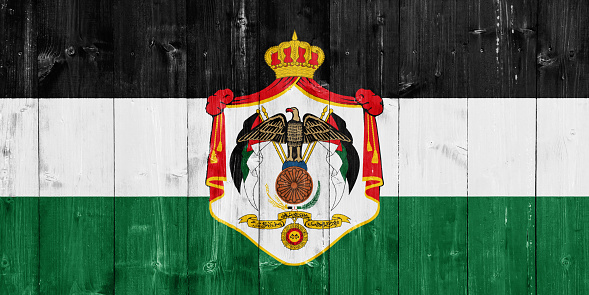 Flag and coat of arms of Hashemite Kingdom of Jordan on a textured background. Concept collage.