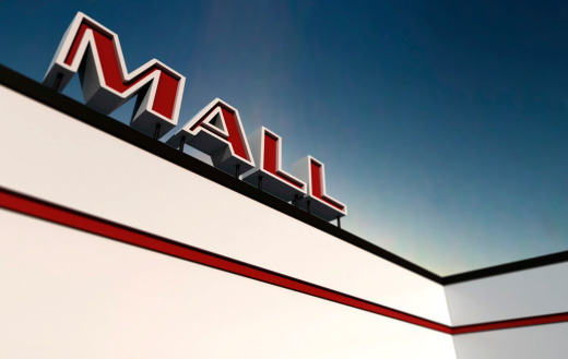 Looking up at a Mall sign. 3D render with HDRI lighting and raytraced textures.Also available.