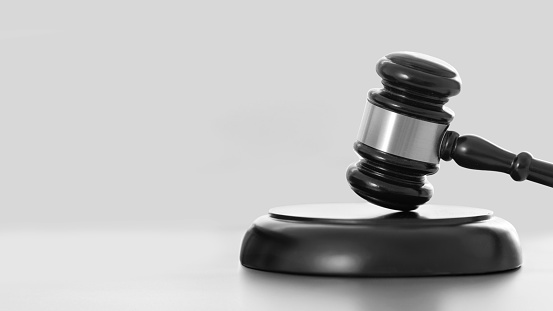Judge gavel, black and white 16:9 format with some copy space