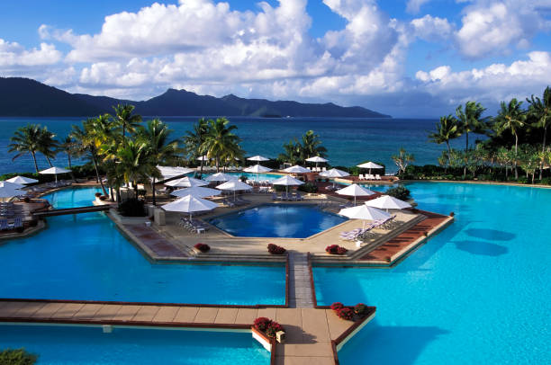whitsunday islands hotel resort - swimming pool resort swimming pool poolside sea zdjęcia i obrazy z banku zdjęć