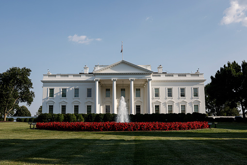 The front facade of the White House, home of the President of the US in Washington, DC.