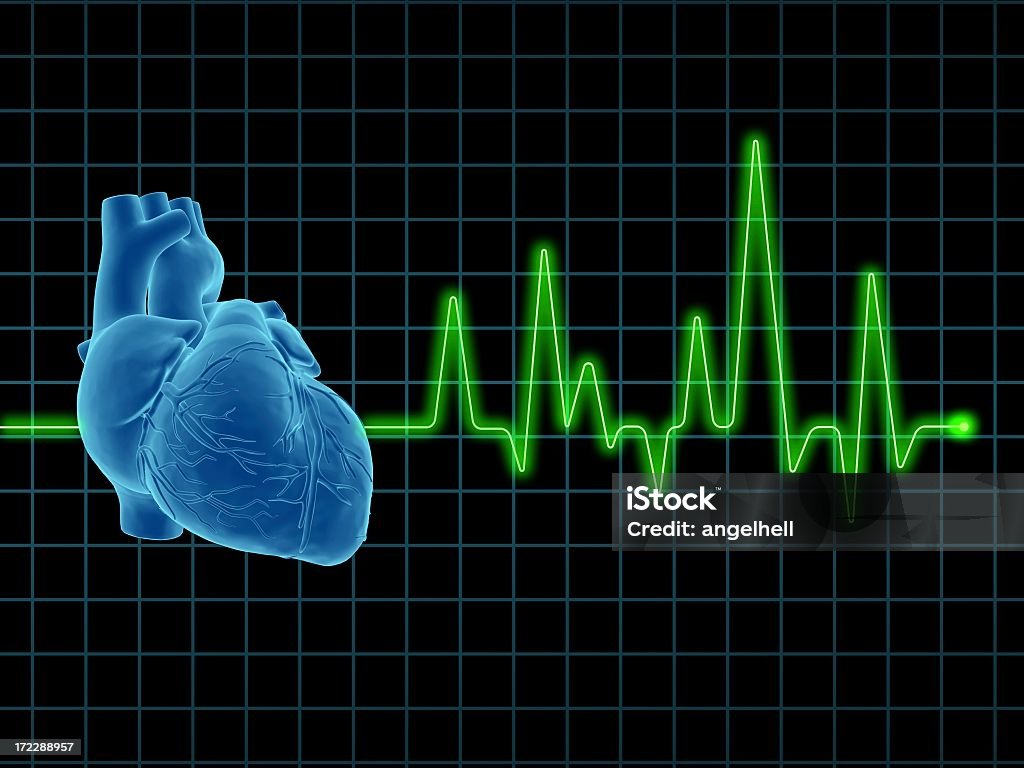 Image of a human heart with an Electrocardiogram in the back "Image of a electrocardiogram (ECG / EKG), with human heart on screen. Great to be used in medicine works and health." Heart Attack Stock Photo