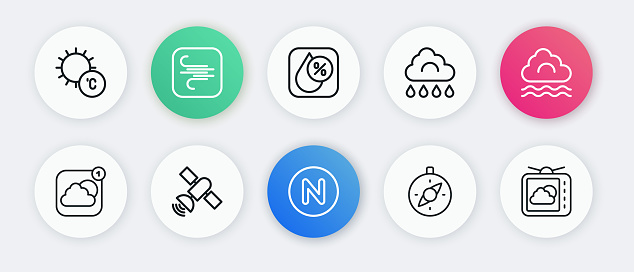Set line Compass north Fog and cloud Weather forecast app Cloud with rain Water drop percentage and Satellite icon. Vector.