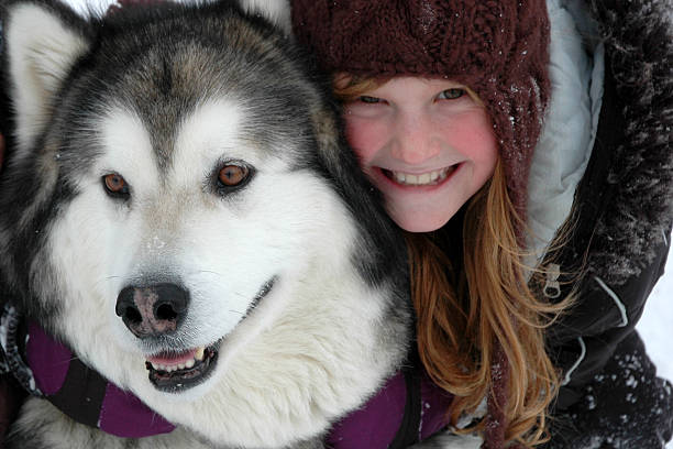 Winter portrait of a beautiful young girl with a Siberian Husky