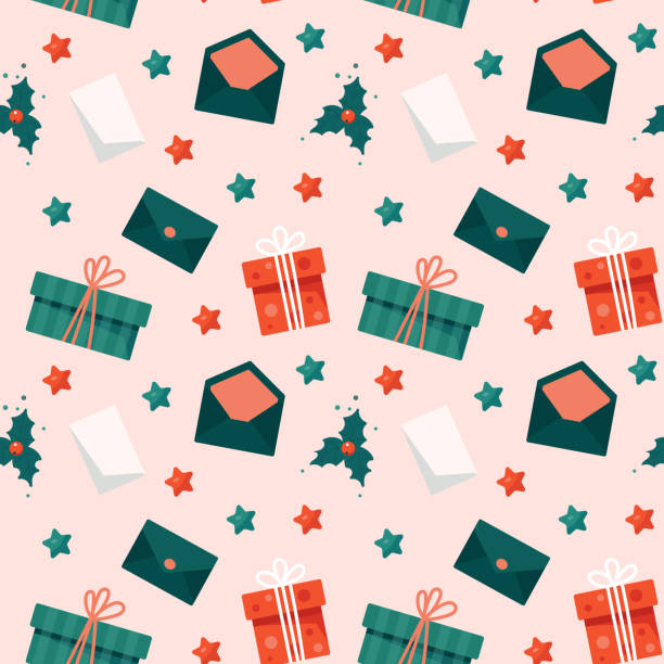 プレゼント、グリーティングカード、封筒を持つクリスマスのシームレスなパターン - greeting card christmas envelope mail点のイラスト素材／クリップアート素材／マンガ素材／アイコン素材