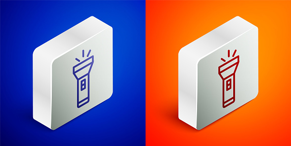 istock Isometric line Flashlight icon isolated on blue and orange background. Silver square button. Vector 1722899245