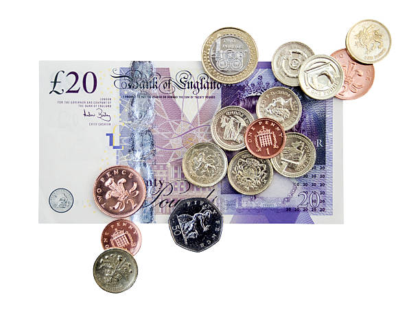 British Cash Clipping Path Note and Coins british currency stock pictures, royalty-free photos & images