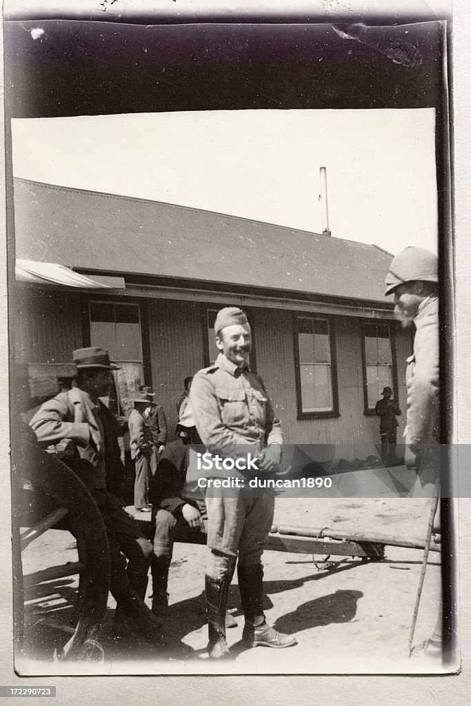 Soliders "Vintage photograph of a some of British soldiers stood around relaxing.  Boer war, South Africa" 19th Century Stock Photo