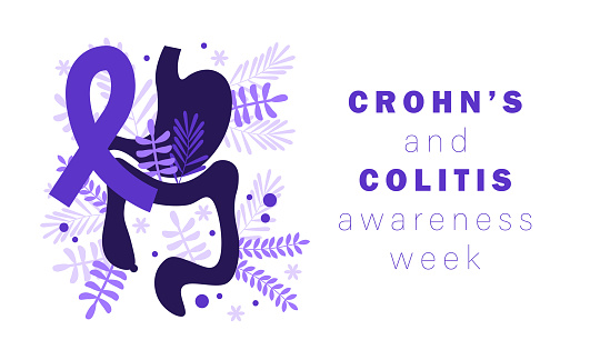 Crohns and Colitis Awareness Week. Purple awareness ribbon, stomach, intestine, bowel. Crohn's Disease and Ulcerative Colitis